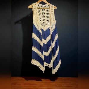 Vivid Importers Of NY L Long Bohemian Crochet Vest with Blue Denim Stripes